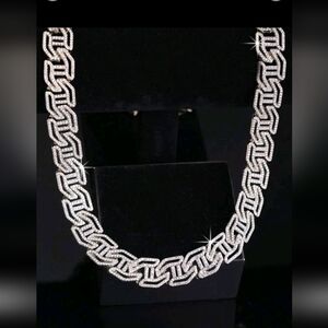 Elegant Iced Out Fully Rhinestone Figaro H-shape Silver Chain Necklace 22"